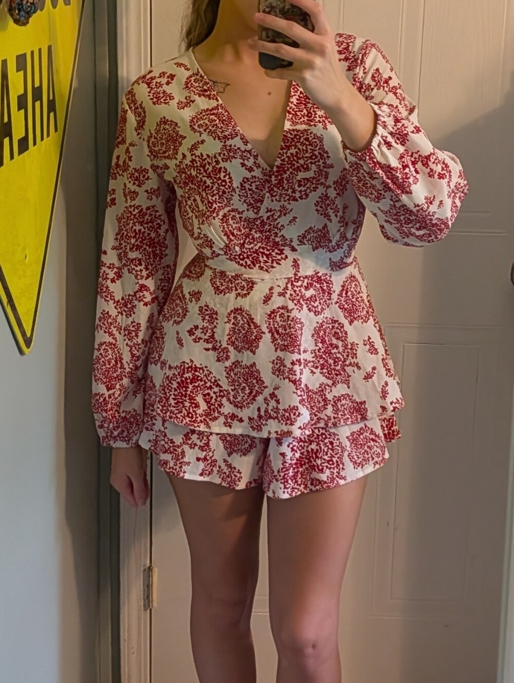 Red Floral Print Surplice Romper